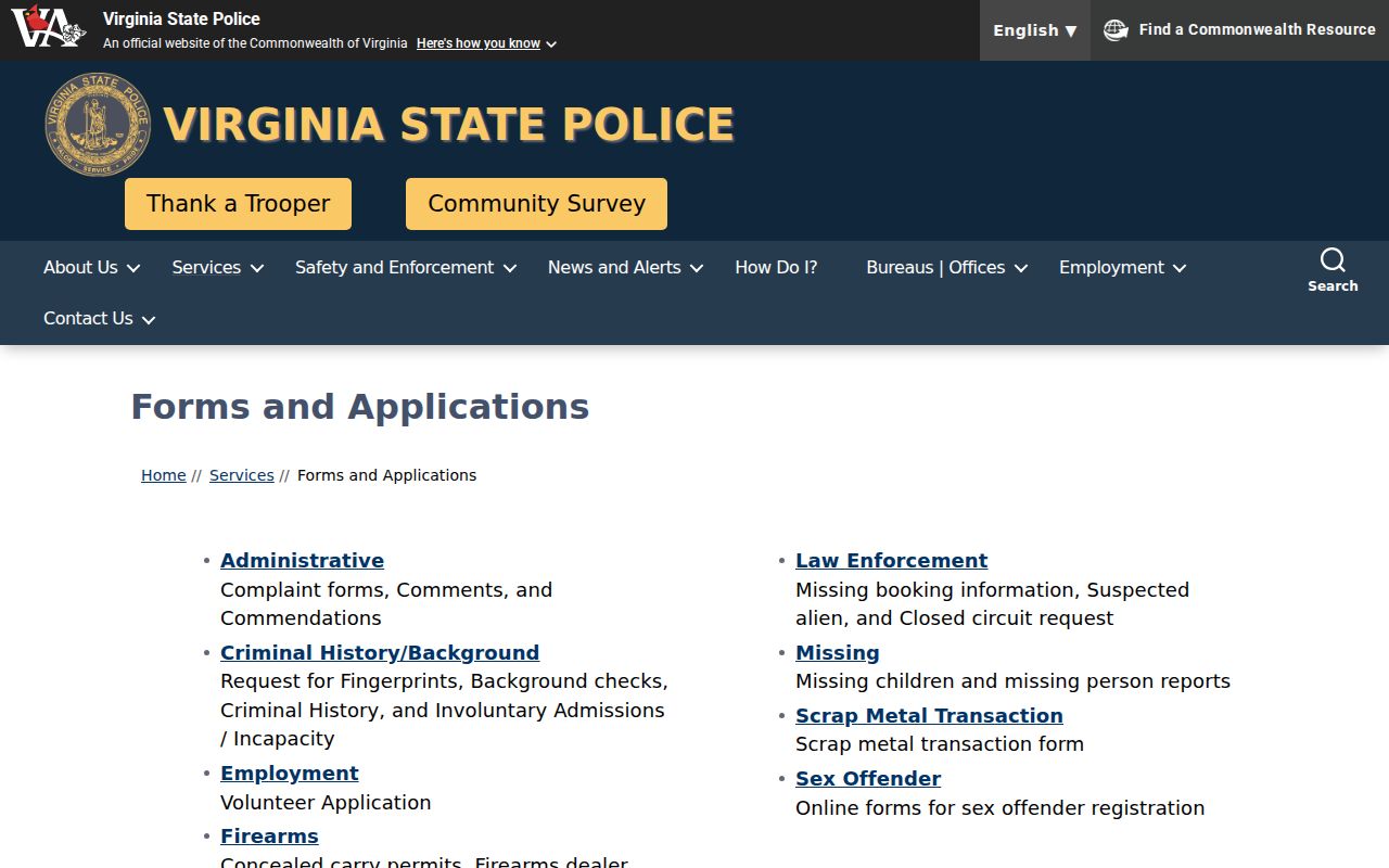 Kenbridge criminal record check using official Virginia State Police forms