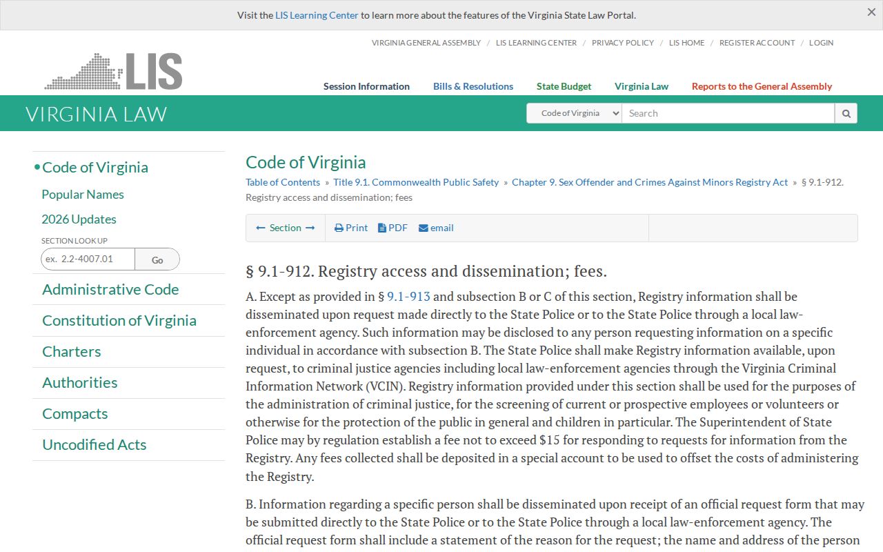 Virginia registry access law for lawful Lunenburg County sex offender lookup use