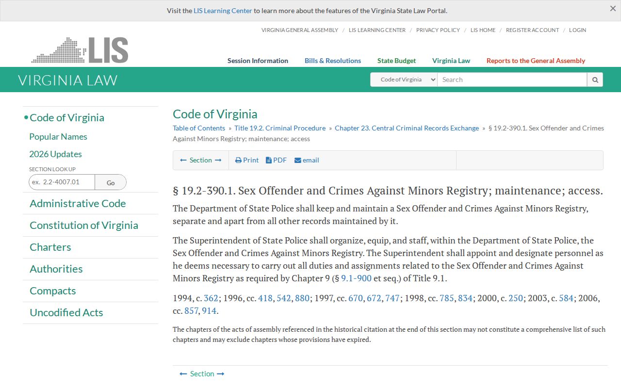 Virginia registry maintenance law for Lunenburg County sex offender records