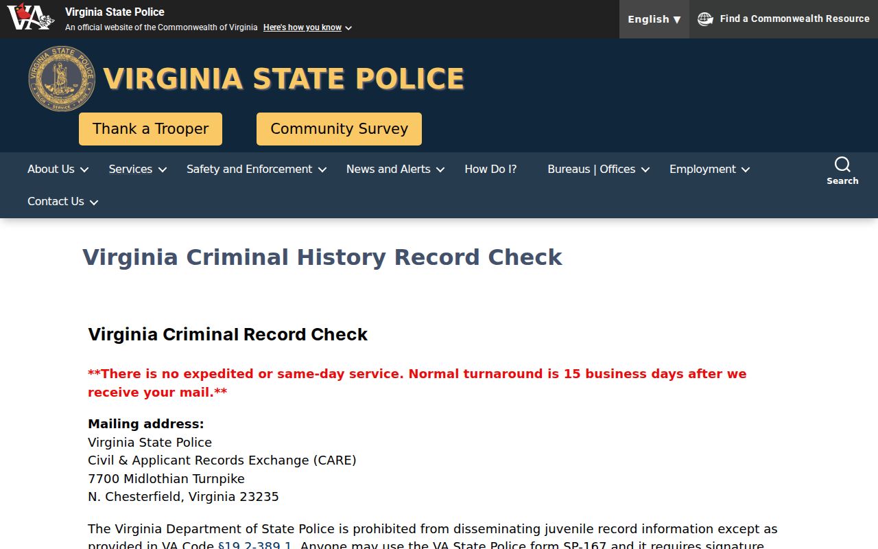 Lunenburg County criminal history options on the Virginia State Police background check page
