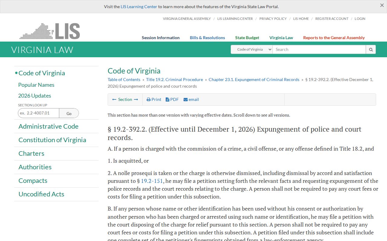 Virginia expungement law for a Lunenburg County criminal record